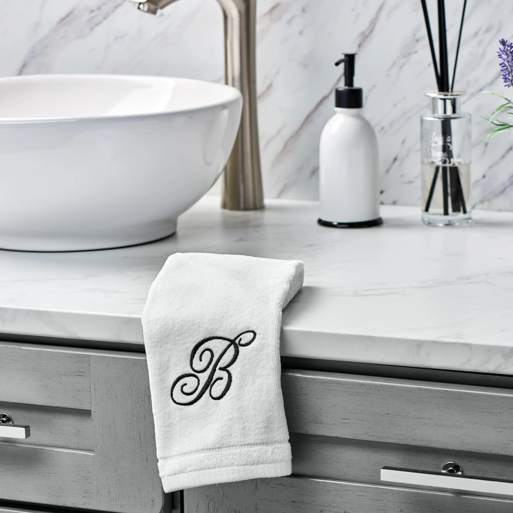 Set of 2 White Monogrammed Towel - Black Embroidered - Initial B (Wholesale)