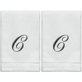 Set of 2 White Monogrammed Towel - Black Embroidered - Initial  C