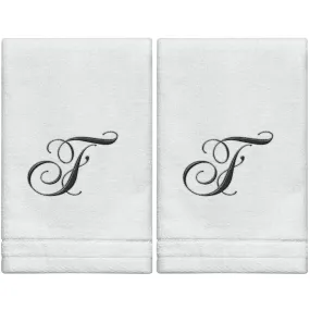 Set of 2 White Monogrammed Towel - Black Embroidered - Initial  F (Wholesale)