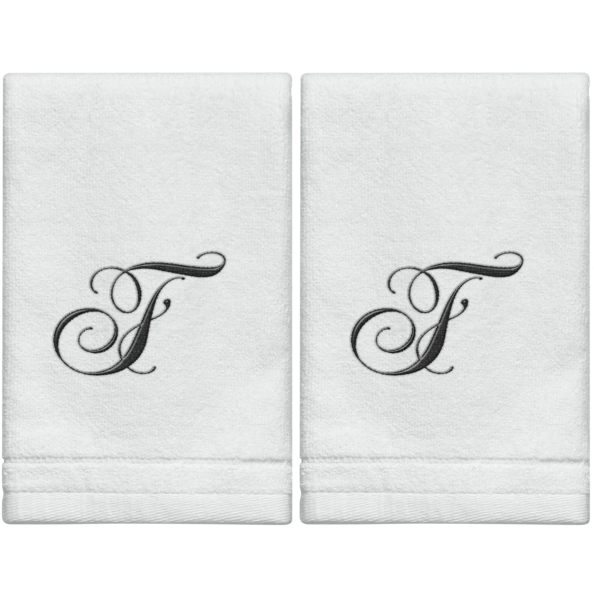 Set of 2 White Monogrammed Towel - Black Embroidered - Initial  F (Wholesale)