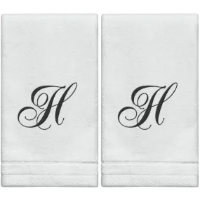 Set of 2 White Monogrammed Towel - Black Embroidered - Initial  H (Wholesale)