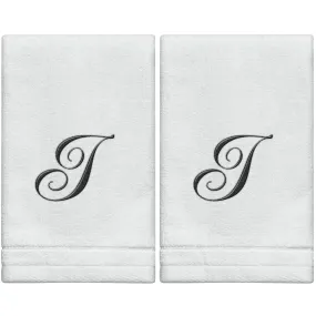 Set of 2 White Monogrammed Towel - Black Embroidered - Initial  I (Wholesale)