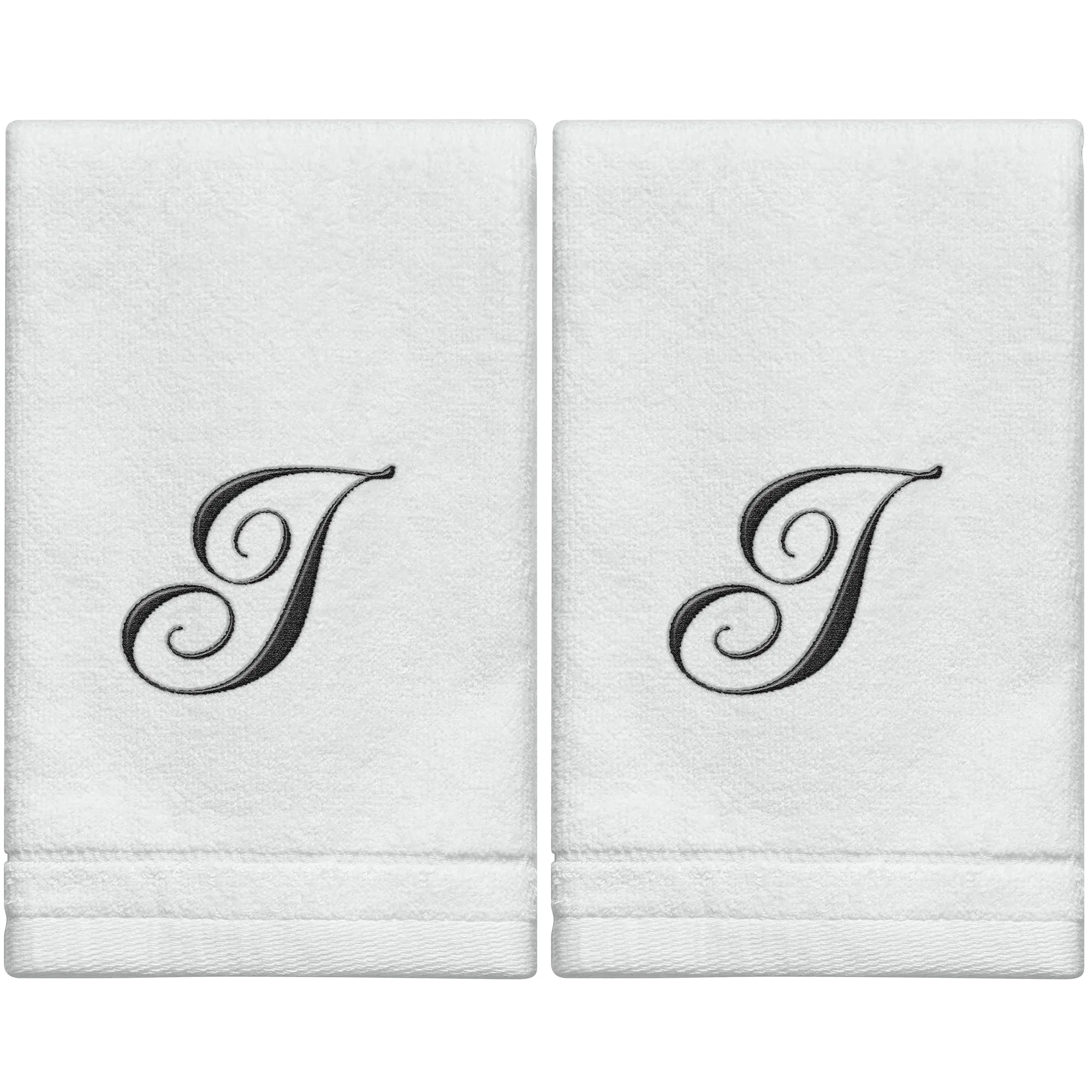 Set of 2 White Monogrammed Towel - Black Embroidered - Initial  I