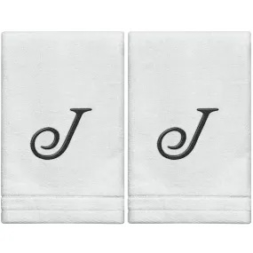 Set of 2 White Monogrammed Towel - Black Embroidered - Initial J (Wholesale)