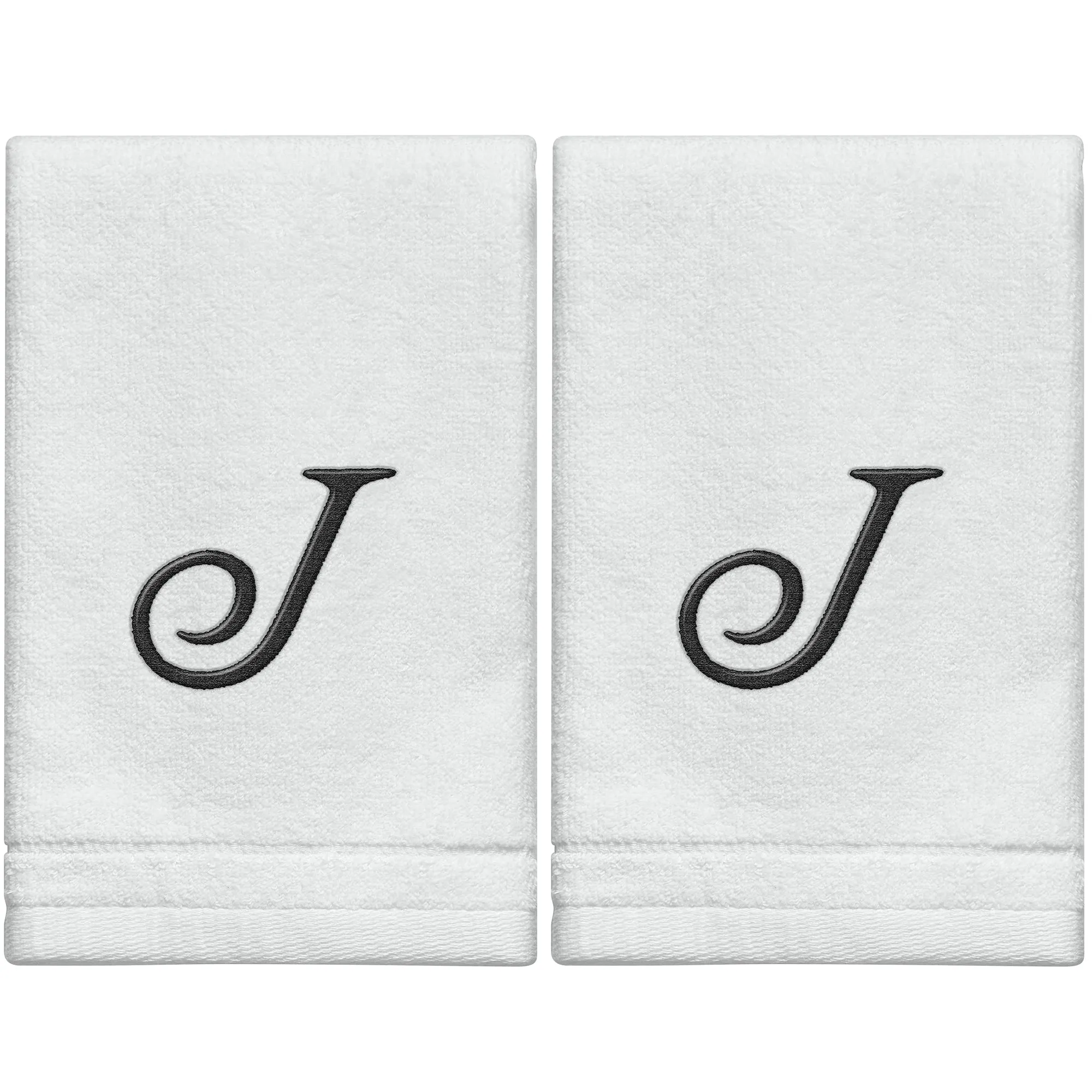 Set of 2 White Monogrammed Towel - Black Embroidered - Initial J (Wholesale)