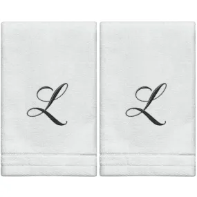 Set of 2 White Monogrammed Towel - Black Embroidered - Initial  L (Wholesale)