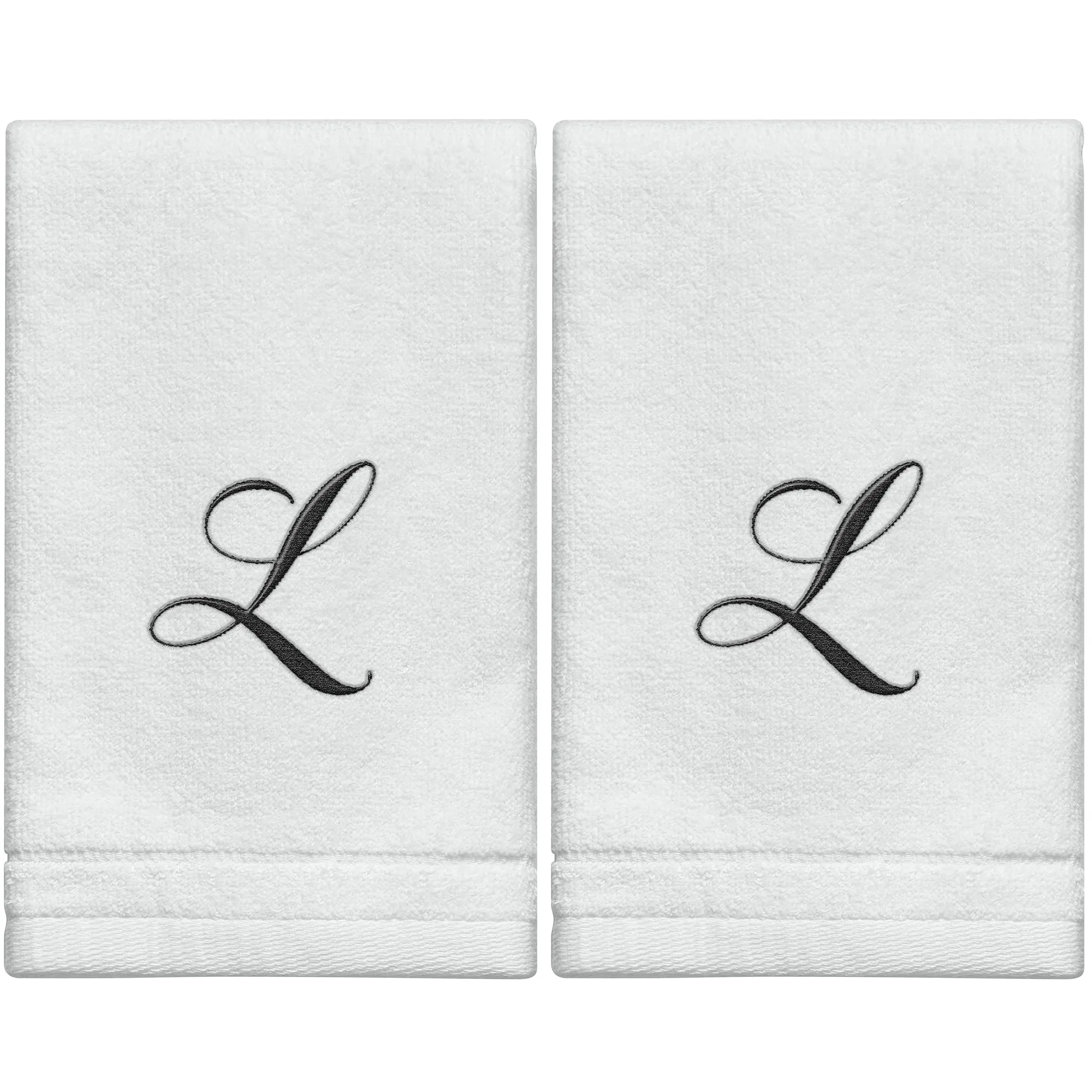 Set of 2 White Monogrammed Towel - Black Embroidered - Initial  L (Wholesale)