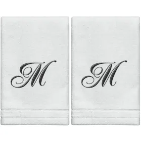 Set of 2 White Monogrammed Towel - Black Embroidered - Initial  M (Wholesale)