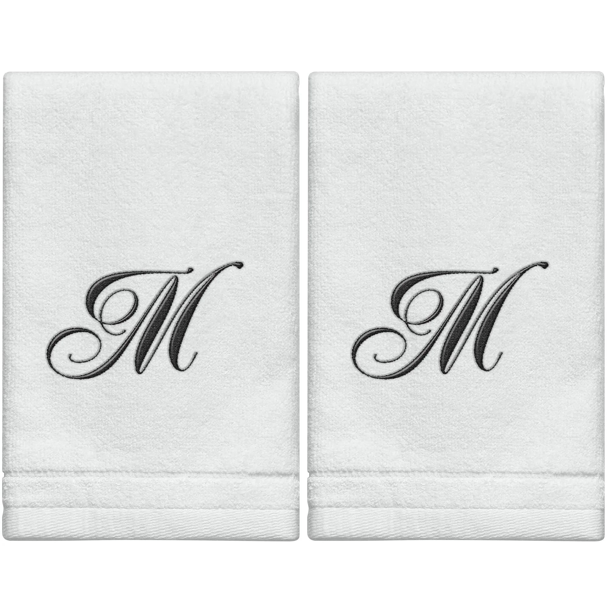 Set of 2 White Monogrammed Towel - Black Embroidered - Initial  M (Wholesale)