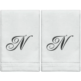 Set of 2 White Monogrammed Towel - Black Embroidered - Initial  N (Wholesale)