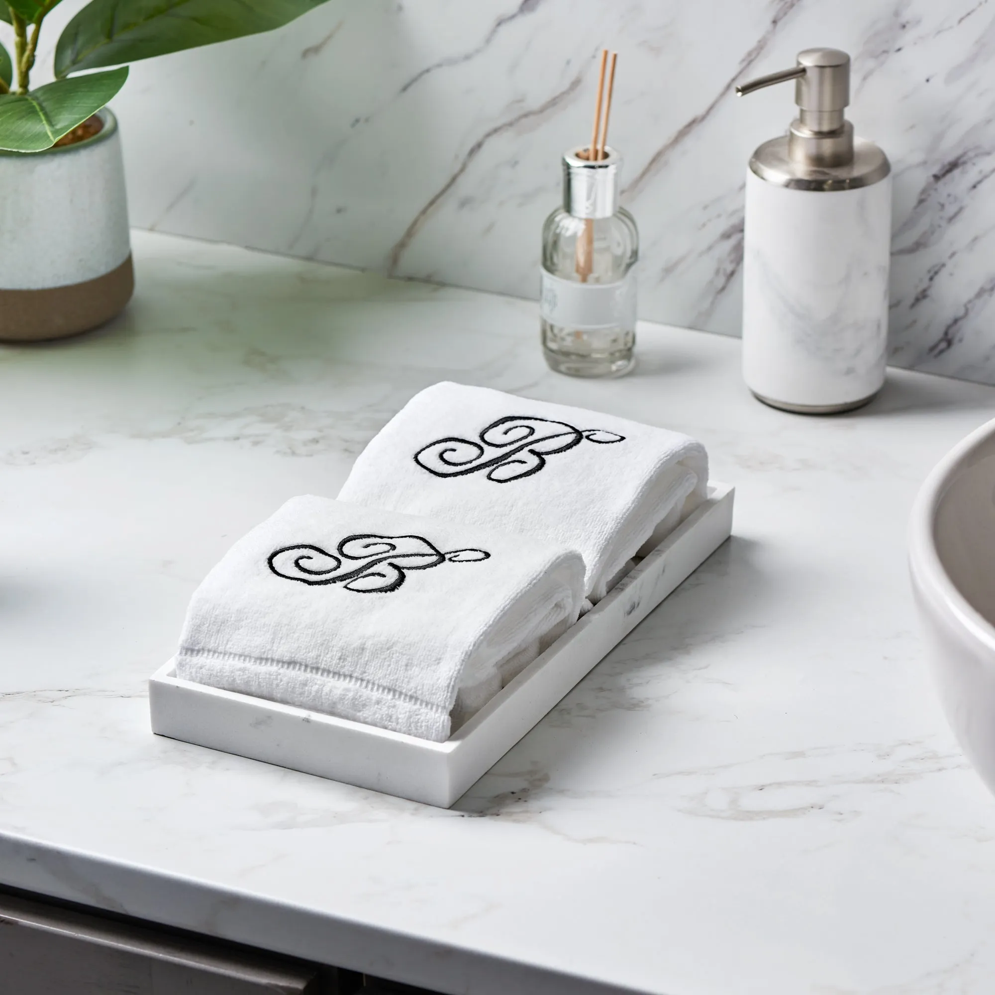 Set of 2 White Monogrammed Towel - Black Embroidered - Initial  N (Wholesale)