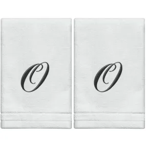 Set of 2 White Monogrammed Towel - Black Embroidered - Initial  O (Wholesale)