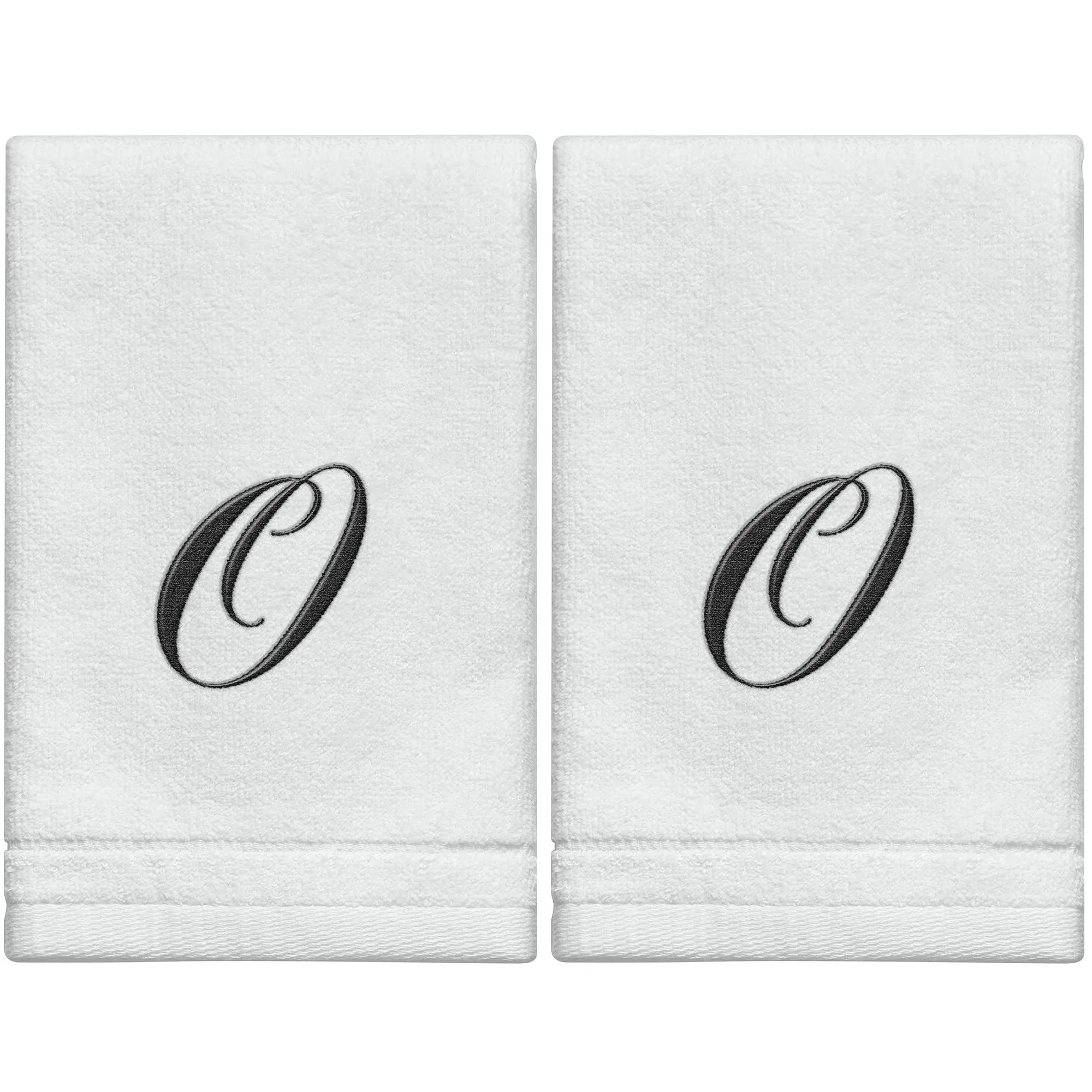 Set of 2 White Monogrammed Towel - Black Embroidered - Initial  O (Wholesale)