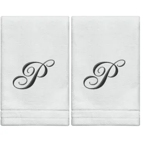 Set of 2 White Monogrammed Towel - Black Embroidered - Initial  P (Wholesale)