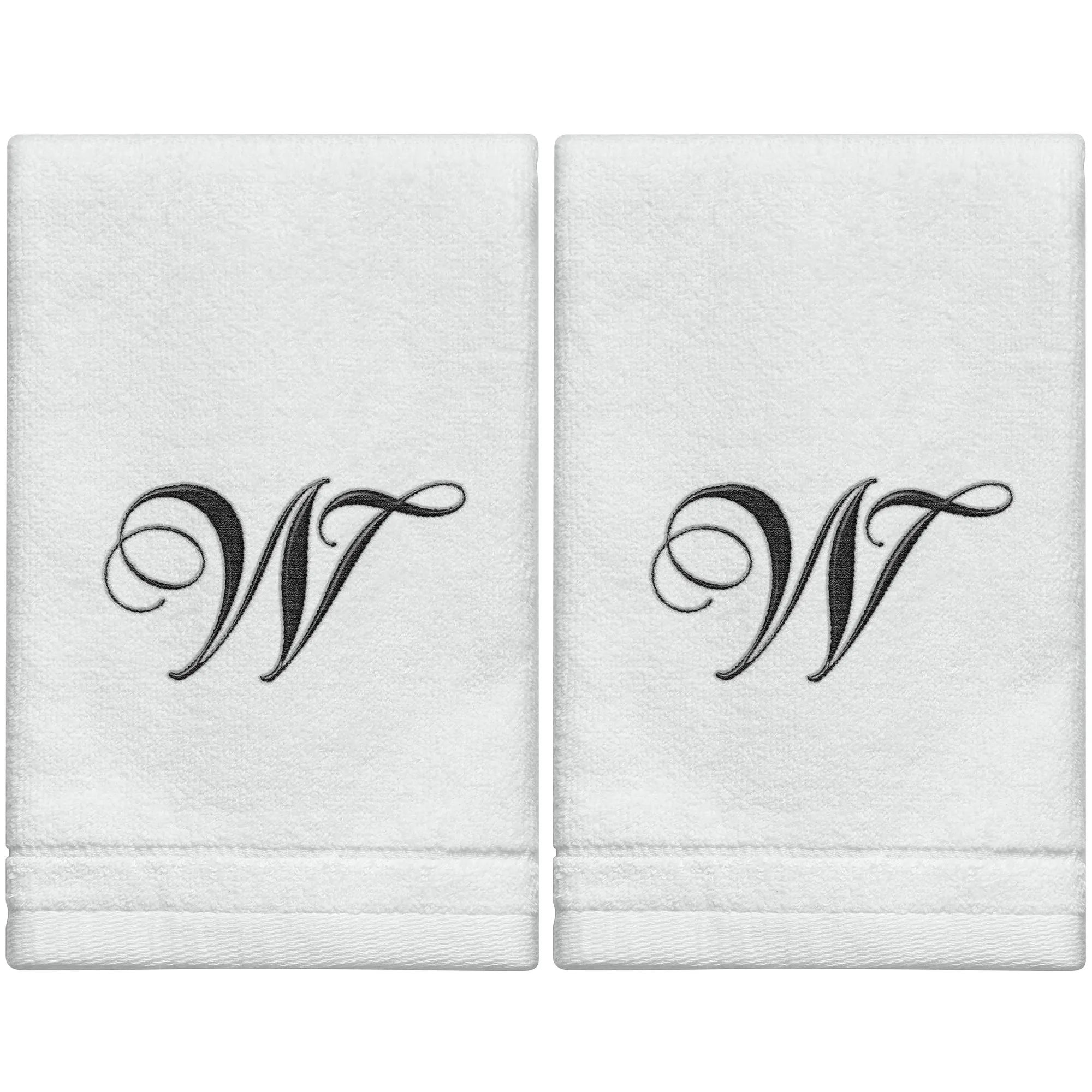 Set of 2 White Monogrammed Towel - Black Embroidered - Initial  W