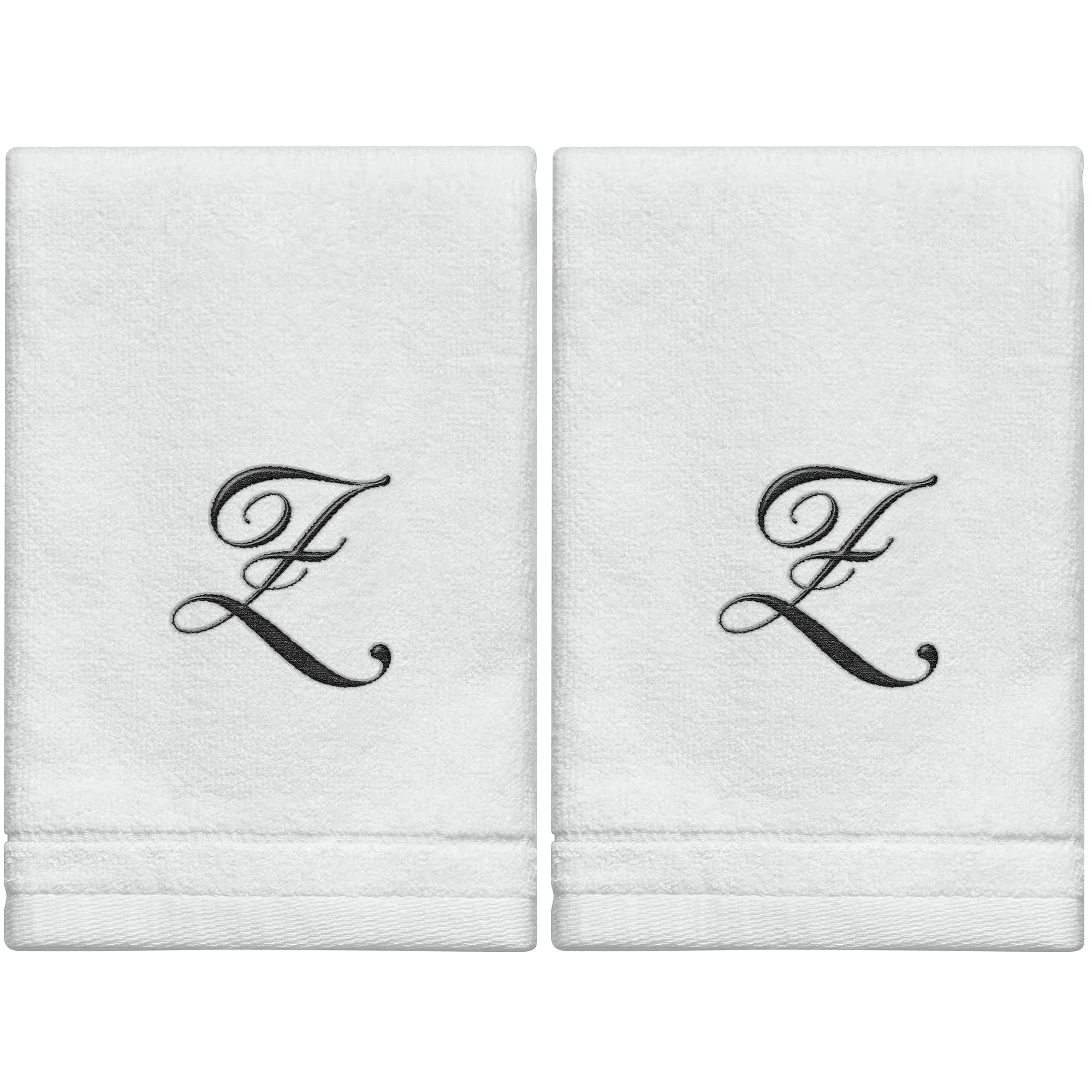 Set of 2 White Monogrammed Towel - Black Embroidered - Initial  Z (Wholesale)