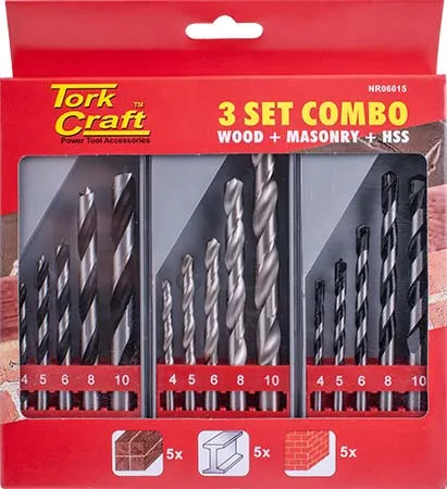 Special - Tork Craft Drill Bit 3 Set Combo - Wood   Masonry   Hss