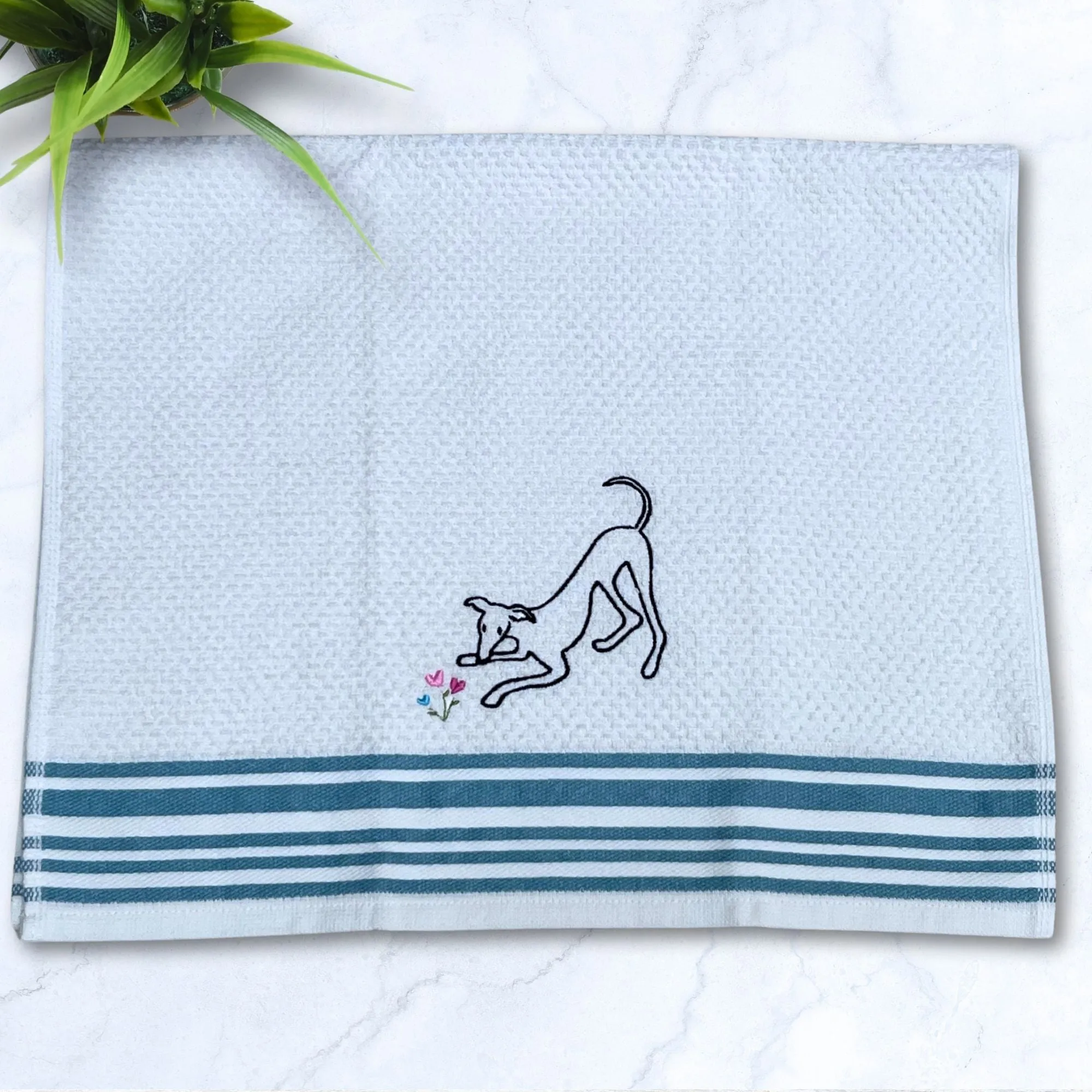 Spring Has Sprung Greyhound Whippet Turquoise Stripes Kitchen Hand Towel