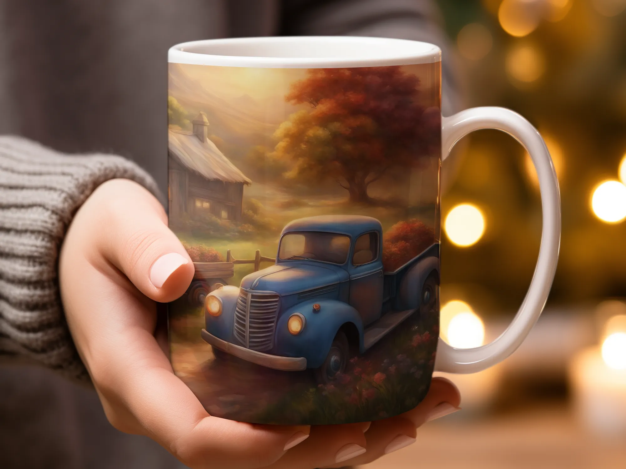 Sunset Old Farm House and Blue Truck Mug, Sunsets Mug, Vacation Mug, Gift for Her, Gift for Friend, Co-Worker Gift, Coffee Mug