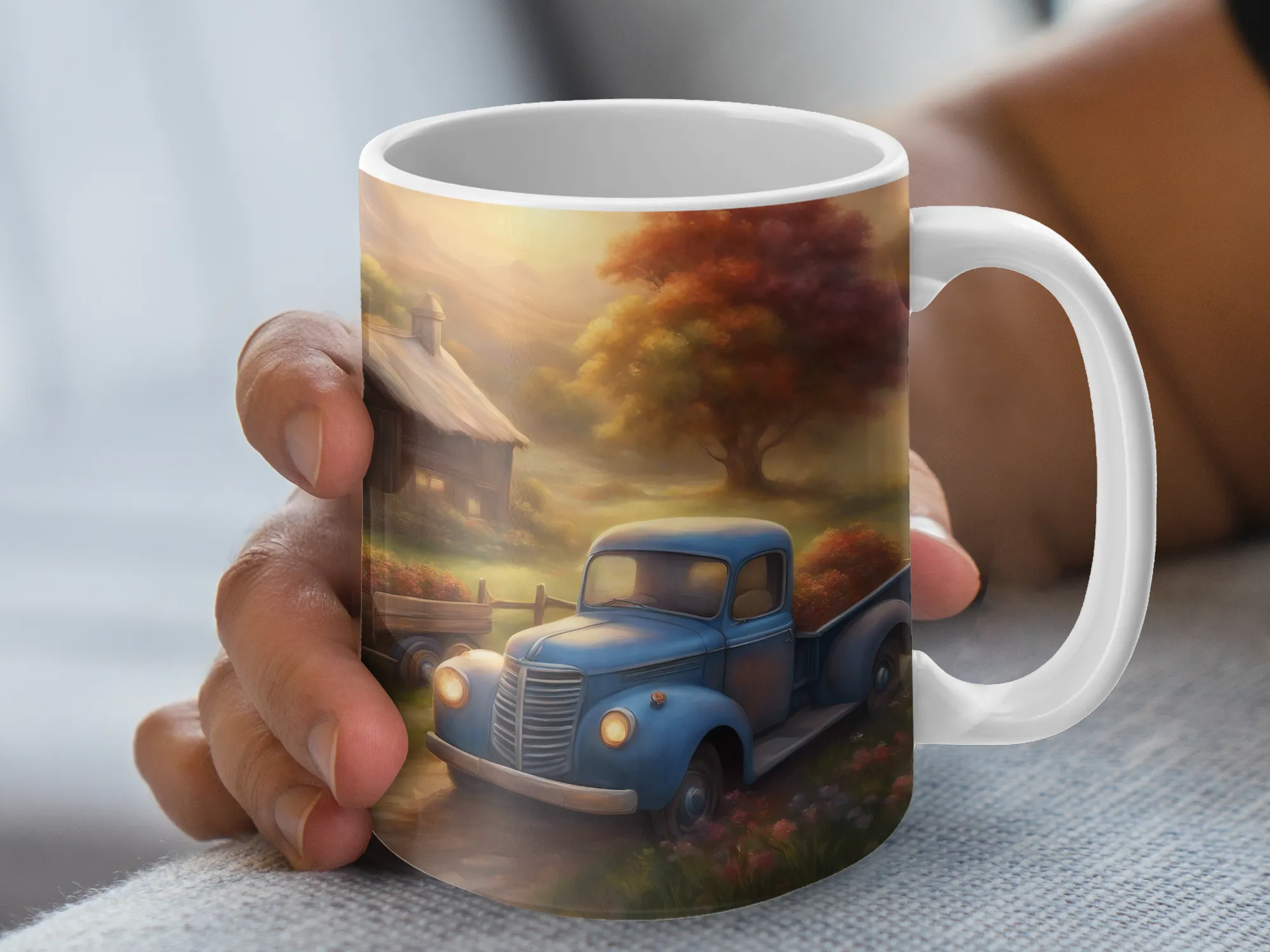 Sunset Old Farm House and Blue Truck Mug, Sunsets Mug, Vacation Mug, Gift for Her, Gift for Friend, Co-Worker Gift, Coffee Mug