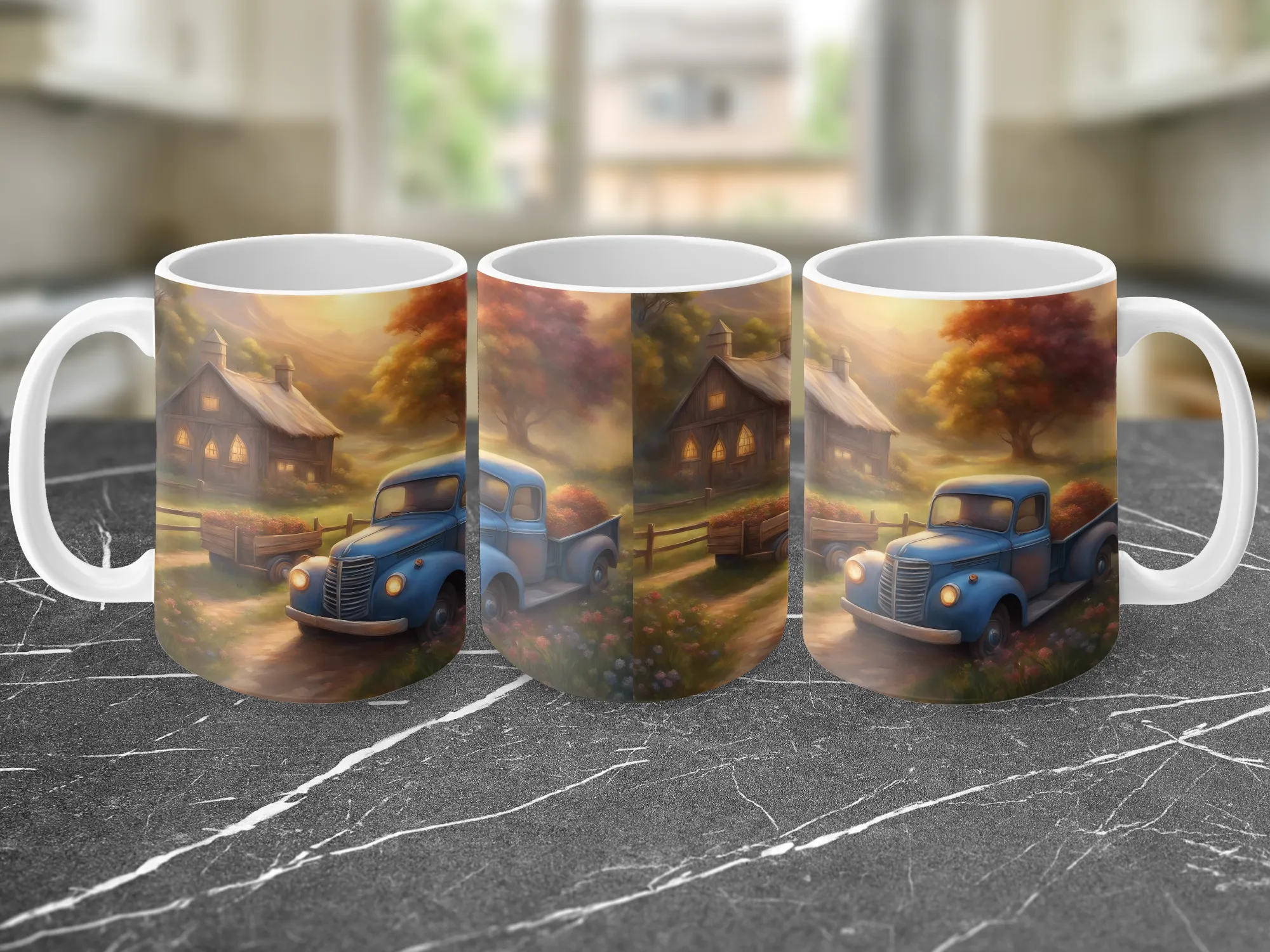 Sunset Old Farm House and Blue Truck Mug, Sunsets Mug, Vacation Mug, Gift for Her, Gift for Friend, Co-Worker Gift, Coffee Mug