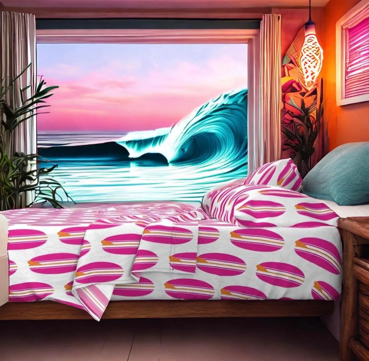 Surfer Girl Pink and Juicy Orange Classic Surfboards Sheet Set from Surfer Bedding™️ Large Scale