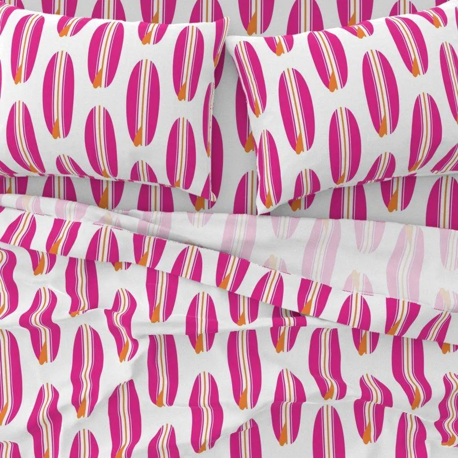 Surfer Girl Pink and Juicy Orange Classic Surfboards Sheet Set from Surfer Bedding™️ Large Scale