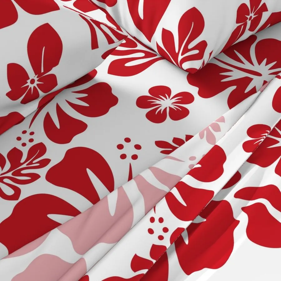 Surfer Red Hawaiian Flowers on White Sheet Set from Surfer Bedding™️ Medium Scale