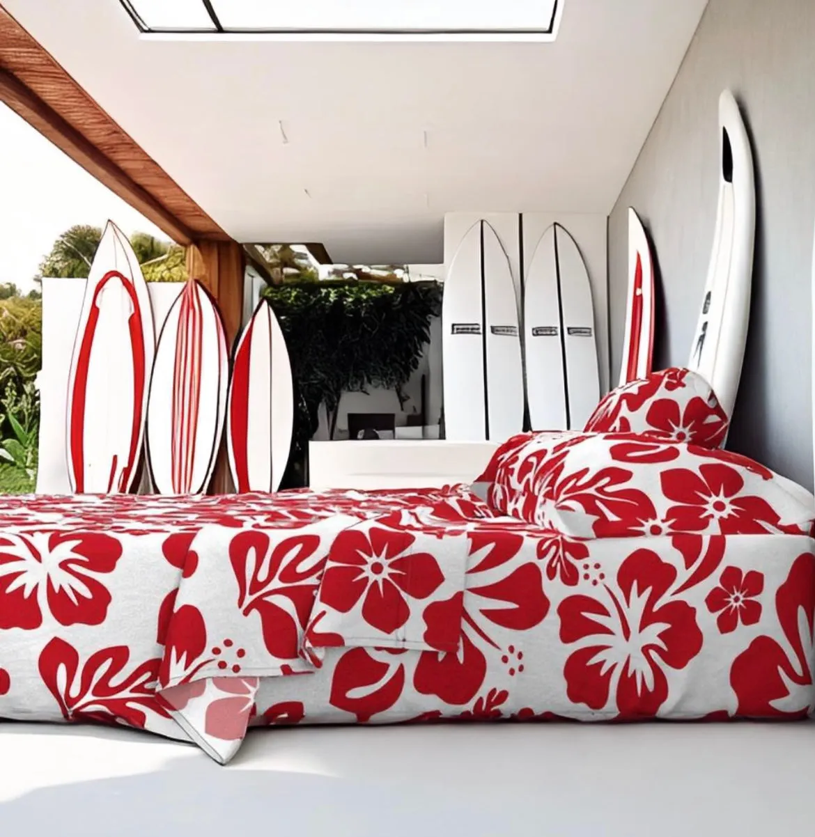 Surfer Red Hawaiian Flowers on White Sheet Set from Surfer Bedding™️ Medium Scale