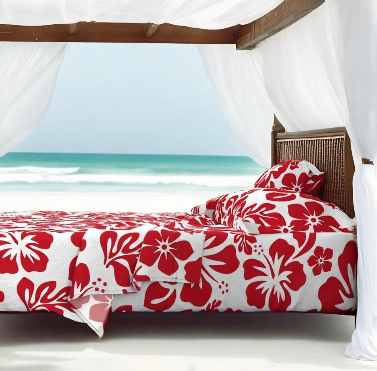 Surfer Red Hawaiian Flowers on White Sheet Set from Surfer Bedding™️ Medium Scale