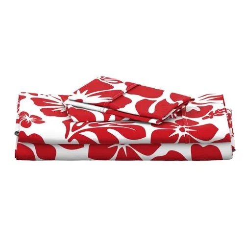 Surfer Red Hawaiian Flowers on White Sheet Set from Surfer Bedding™️ Medium Scale