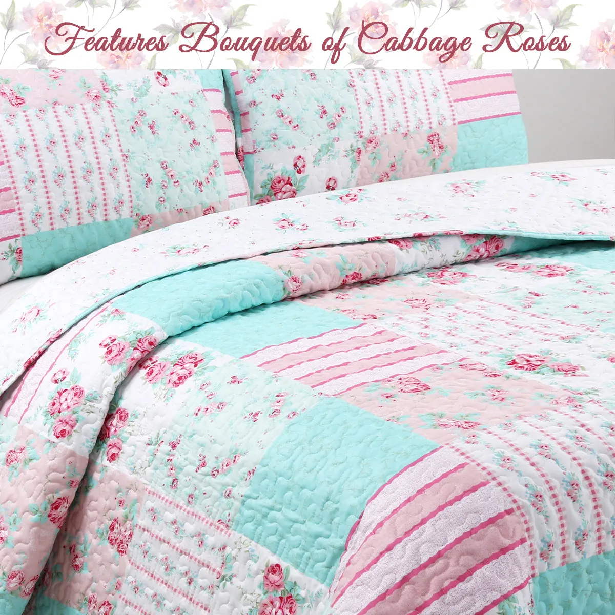 Tiffany Pink Blossom Floral Garden Girl Print Patchwork Reversible Quilt Bedding Set