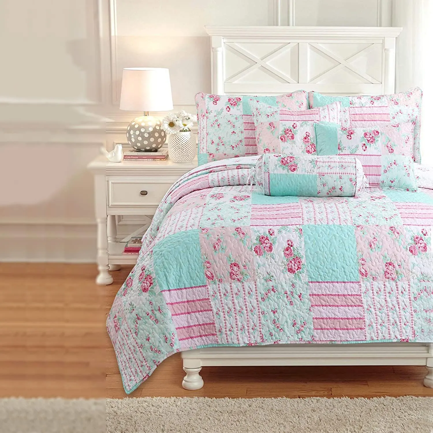 Tiffany Pink Blossom Floral Garden Girl Print Patchwork Reversible Quilt Bedding Set