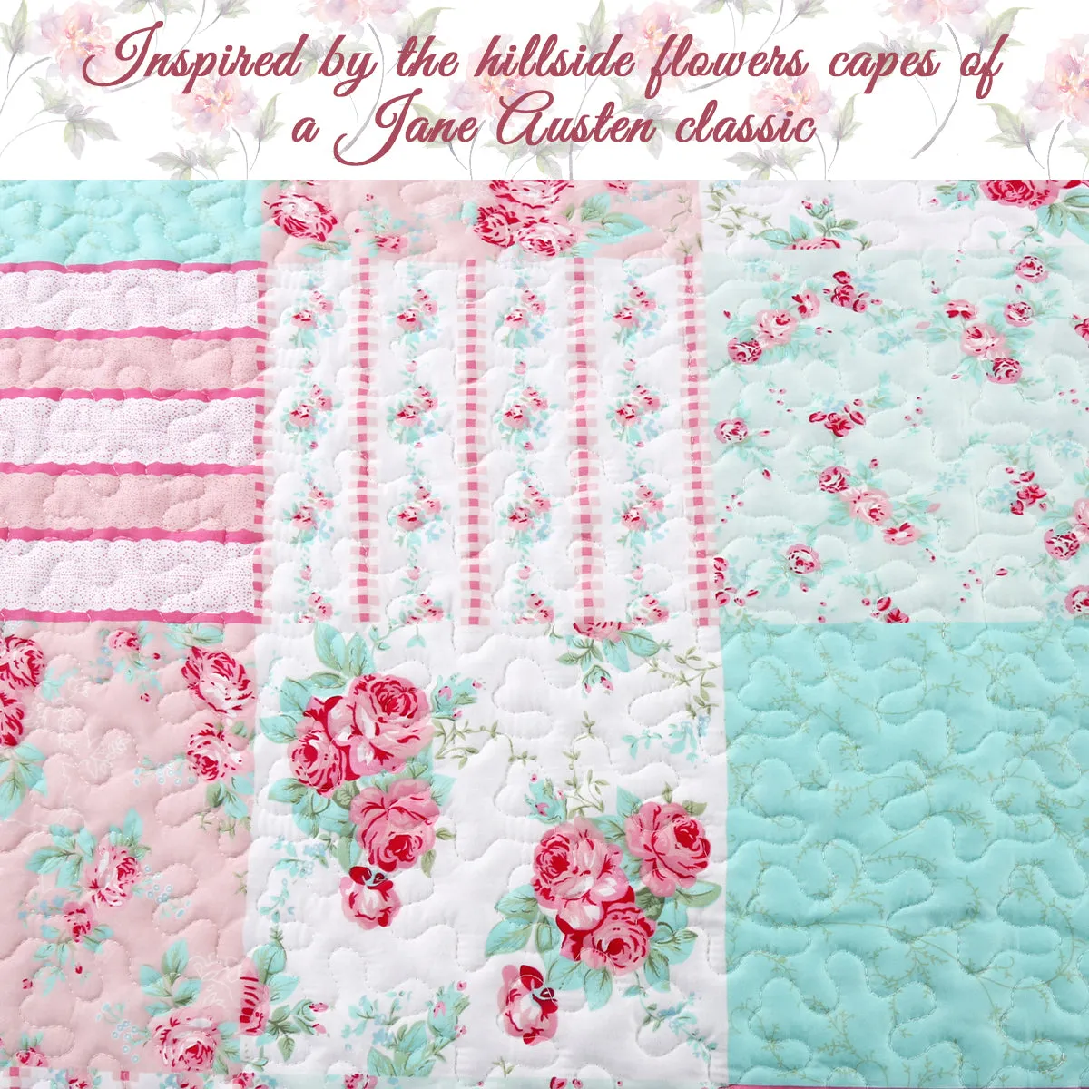 Tiffany Pink Blossom Floral Garden Girl Print Patchwork Reversible Quilt Bedding Set