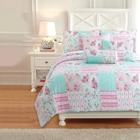 Tiffany Pink Blossom Floral Garden Girl Print Patchwork Reversible Quilt Bedding Set