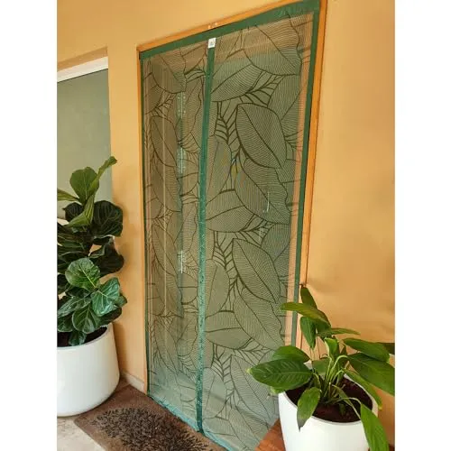 TurtleGrip Door Mosquito Net Curtains with Magnet's New Leaf Pattern. Full Frame Hook & Loop for Main Doors, Bedroom, Kitchen & Balcony Doors(190x90cm,ForestGreen)