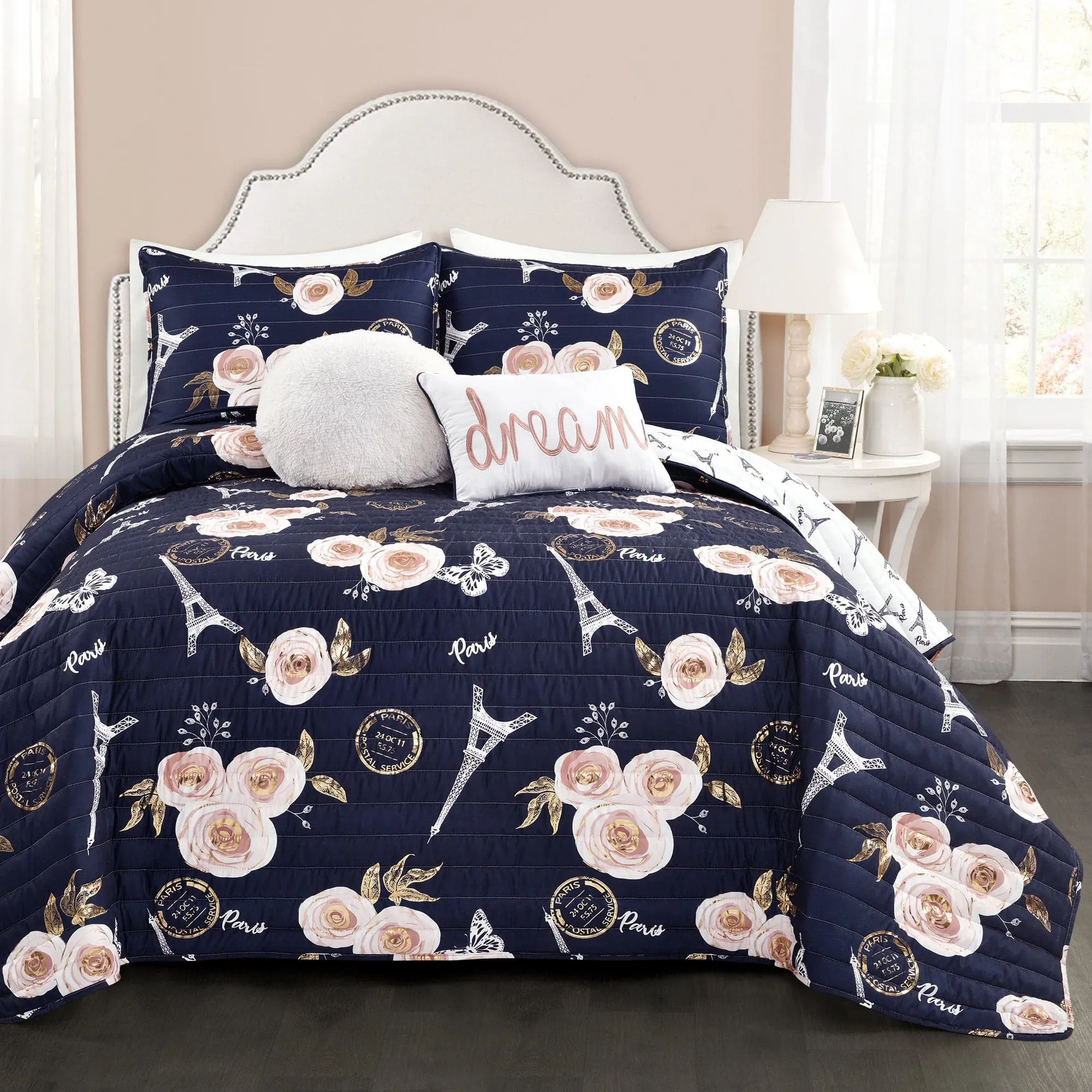 Vintage Paris Rose Butterfly Script Quilt Set