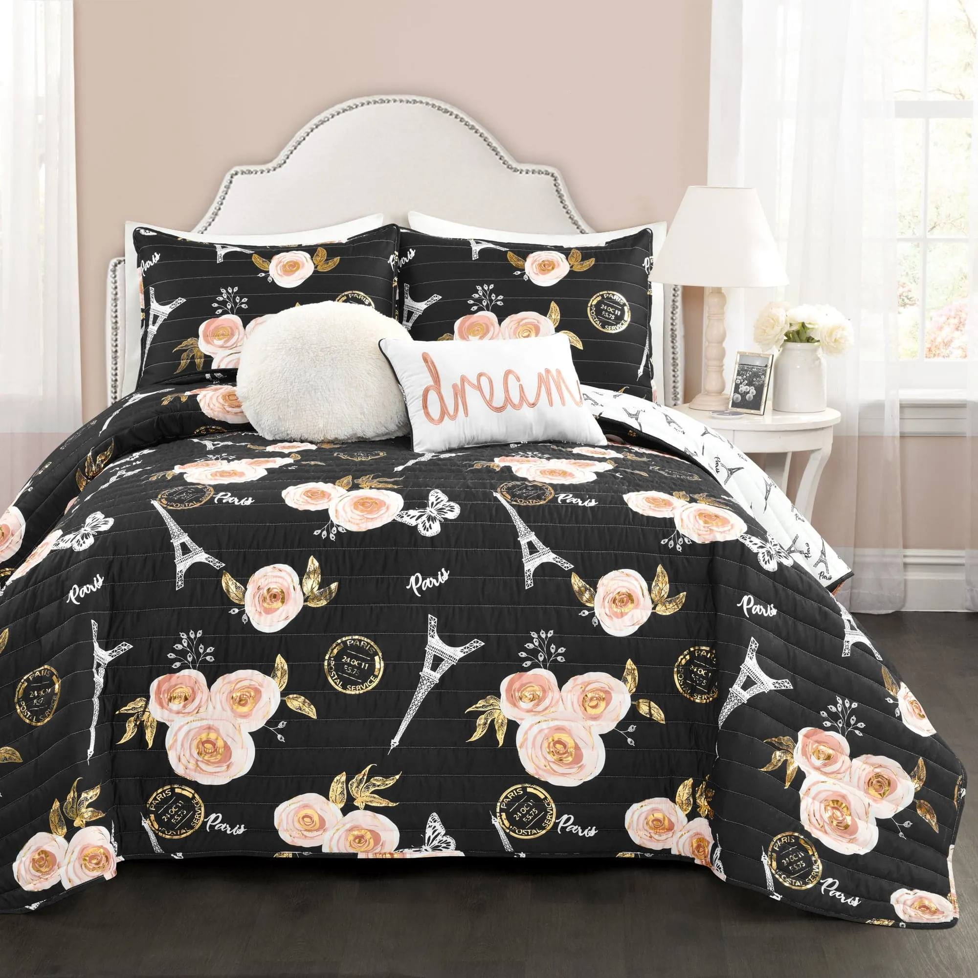 Vintage Paris Rose Butterfly Script Quilt Set