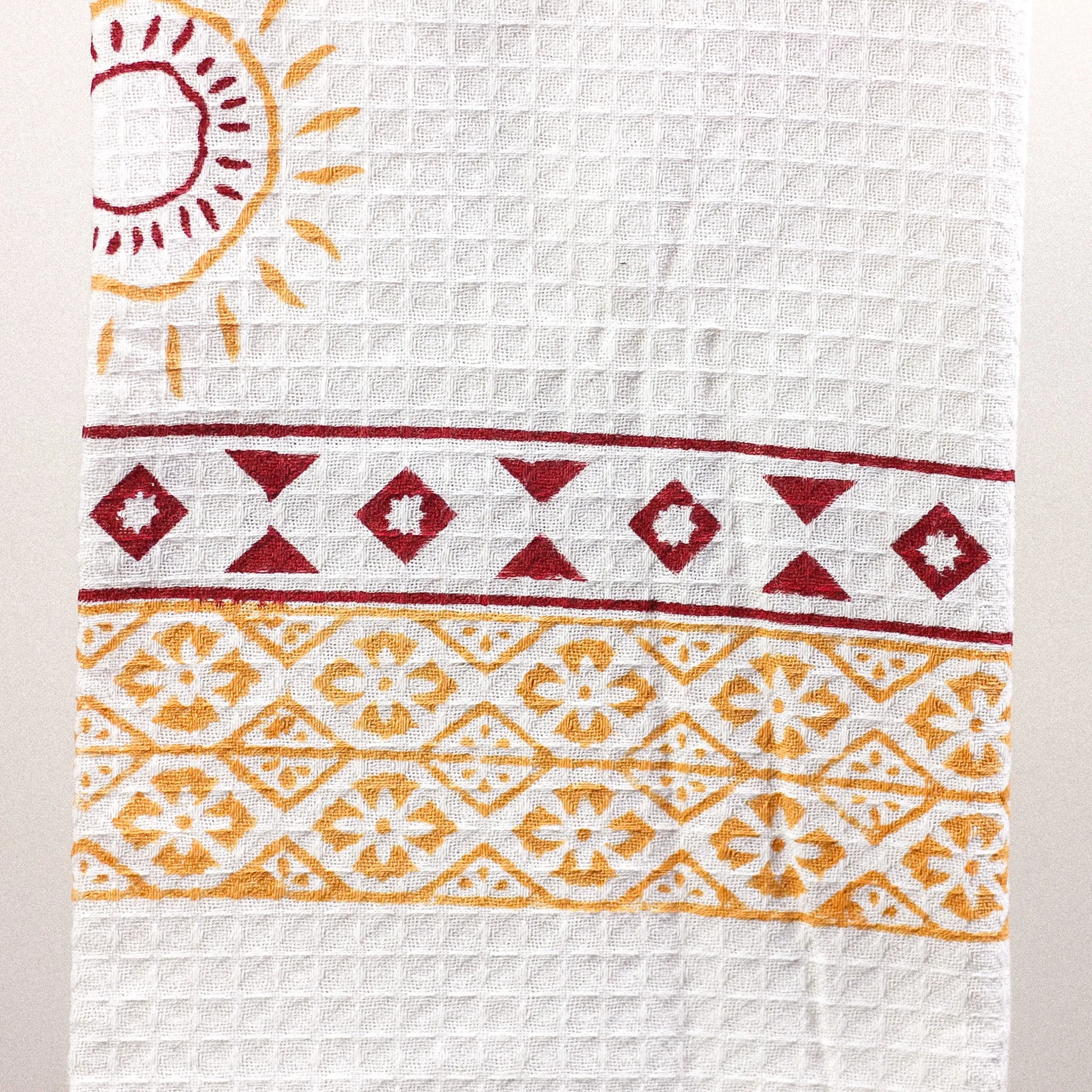 Waffle Weave Handwoven Hand Block Printed Decorative Cotton Towel - Powder Bath Room Decor | White, 29x60"