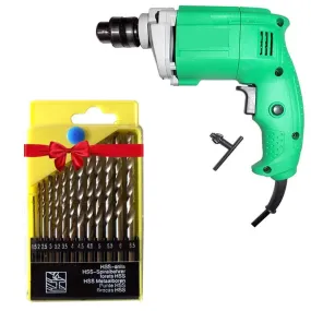 Your Brand Power Tools 10MM - 450W, 2600 Rpm, 220V- 50Hz Electric Drill Machine with 13 Pieces Bits Set